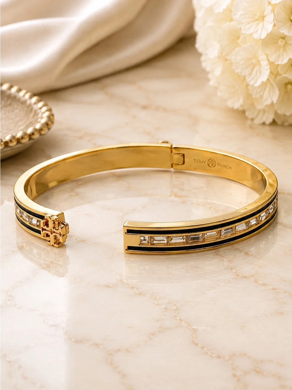 Tory Burch Gold and Black Enamel Logo Bangle with Crystal Accents